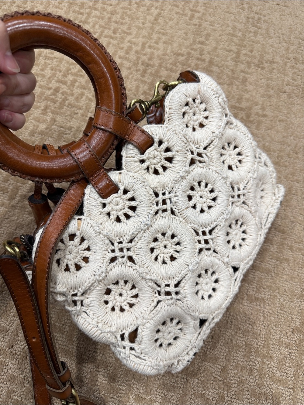 Patricia Nash White Crochet Crossbody with Brown Leather Trim - Picture 5 of 10